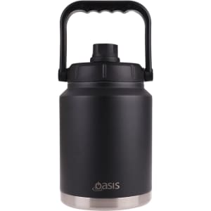 A drink bottle in black with a stainless steel base and a sturdy carry handle on top. It features a branding logo.