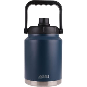A drink bottle with a dark blue body and a black lid features a sturdy carry handle and branding.