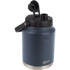 A drink bottle with a dark blue body and stainless steel base, featuring a black carry handle and lid.