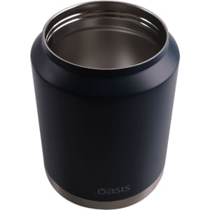 A drink bottle in navy blue with a stainless steel base and a carry handle. It features a logo on the side.