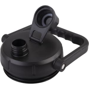 A drink bottle in black with a wide mouth, a carry handle, and a secure lid featuring a logo.