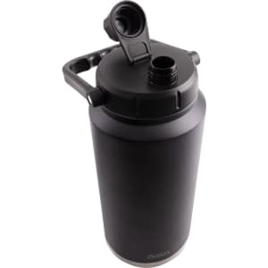A drink bottle in matte black with a vacuum-insulated design and a carry handle. It features a screw-on lid and spout.