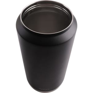 A drink bottle with a sleek black design and stainless steel interior, featuring a carry handle and a logo.