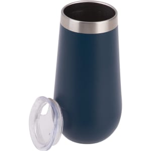 A vacuum champagne flute in navy blue with a stainless steel rim and a transparent lid. It features a logo.