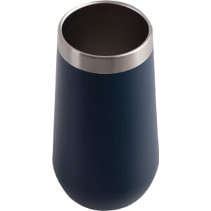 A vacuum champagne flute in navy blue with a stainless steel rim, featuring a branded logo.