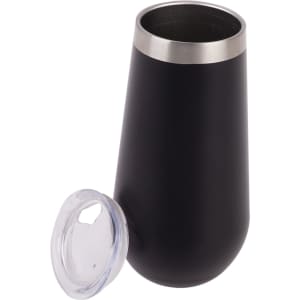 A vacuum champagne flute in matte black with a stainless steel rim and a clear lid. It has a sleek, modern design.