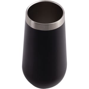 A vacuum champagne flute in matte black with a stainless steel rim, featuring a logo.