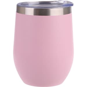 A drink bottle in a soft pink colour with a stainless steel rim and a clear lid. It has a logo on the side.