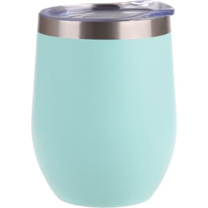 A drink bottle in mint green with a stainless steel rim and a clear lid. It features a logo.