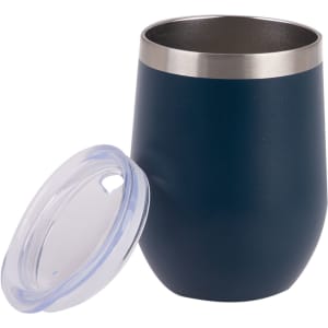 A vacuum wine tumbler in navy blue with a silver rim and a clear lid. Contains a logo.