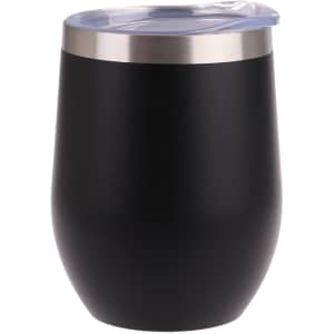 A drink tumbler in matte black with a stainless steel rim and a clear lid, featuring a logo.