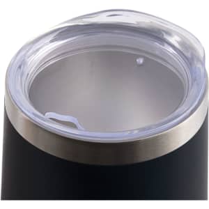 A drink bottle features a stainless steel rim and a transparent lid, showcasing a sleek black design.