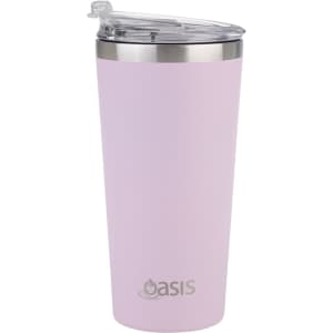 A drink bottle in pastel pink with a stainless steel rim and a clear lid, featuring a logo on the front.