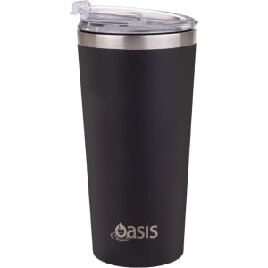 A drink bottle featuring a sleek black design with a stainless steel rim and a clear lid, includes a logo.