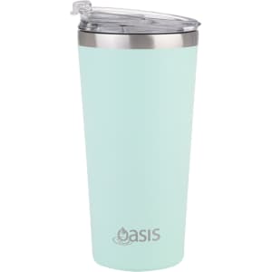 A drink bottle with a mint green exterior and stainless steel lid, featuring a logo on the front.