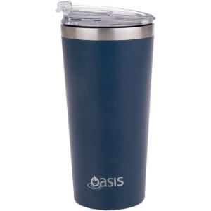 A drink bottle in navy blue with a stainless steel rim and a clear lid, featuring a logo.
