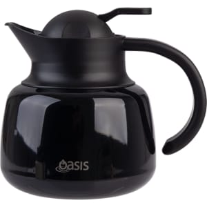 A drink bottle in a sleek black design, featuring a handle and a lid, complete with a strainer and branding.