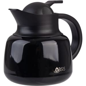 A black insulated teapot with a strainer and a curved handle, featuring a logo.