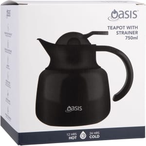 A teapot with strainer in black, holding 750ml, featuring a stylish design and a logo.