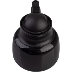 A black insulated teapot with a strainer and a secure lid, featuring a sleek, rounded design. It has a logo.