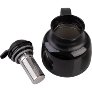 A black insulated teapot with a metallic strainer, featuring a sturdy handle for easy pouring.