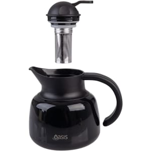 A black insulated teapot with a strainer, featuring a logo on the front.