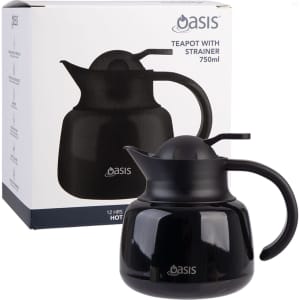 A black insulated teapot with a strainer, displaying a sleek design, alongside its packaging.
