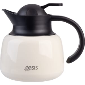 An insulated teapot in cream and black, featuring a strainer and a handle, with a logo on the front.