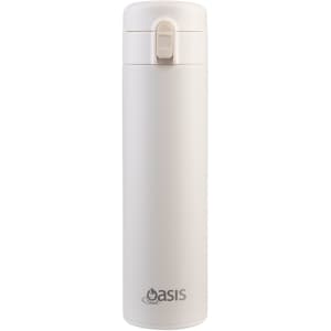 A drink bottle in a sleek design, featuring a white insulated body and a flip-top lid. It has a logo.