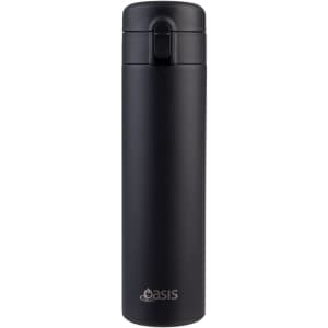 A drink bottle, black insulated flip-top flask with a sleek design and a logo on the front.