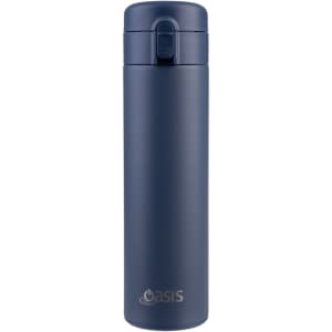 A drink bottle with a sleek navy blue finish and a flip-top lid, featuring a logo on the front.