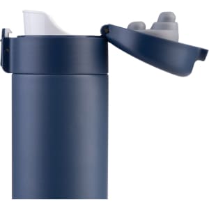 A drink bottle in navy blue with a flip-top lid and a grey cap. It features a logo on the body.