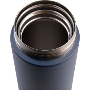 A drink bottle in navy blue with a stainless steel interior and a wide flip-top opening. Features a logo.