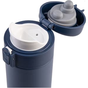 A drink bottle featuring a navy insulated body and a flip-top lid with a grey silicone insert. It has a logo on the side.