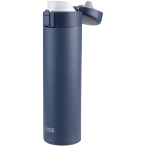 A drink bottle with a flip-top lid, featuring a matte navy exterior and a logo on the side.