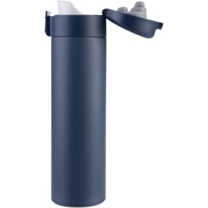 A drink bottle in navy blue with an insulated design and a flip-top lid, featuring a logo.