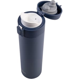 A drink bottle featuring a navy exterior with a flip-top lid and a logo on the body.