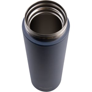 A drink bottle in navy blue with a stainless steel interior and a flip-top lid. It features a logo.