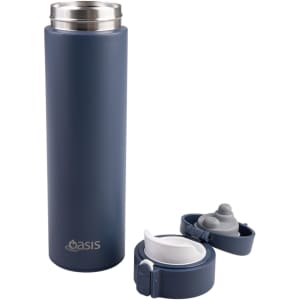 A drink bottle in navy blue with a silver lid and two flip-top openings. It features a logo on the side.