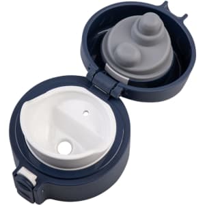 A drink bottle with a navy blue insulated body and a grey and white flip-top lid featuring two openings.