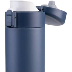 A drink bottle in navy blue with a flip-top lid and a closure mechanism, featuring a logo.