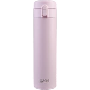A drink bottle with a flip-top lid, featuring a smooth pink exterior and a logo on the front.