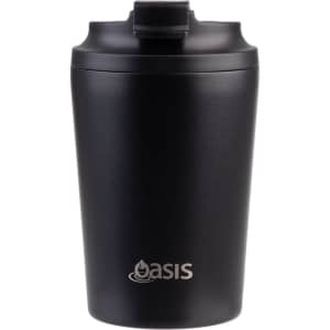 A black insulated coffee cup with a ceramic lining, featuring a lid and a small logo.