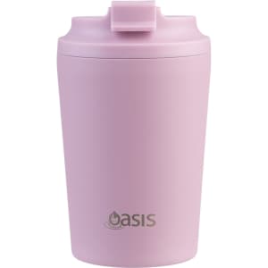 A ceramic-lined insulated coffee cup in light pink, featuring a secure lid and a branding logo.