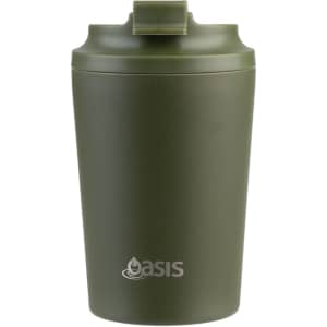 A green insulated coffee cup with a ceramic lining and a lid. It features a logo on the front.