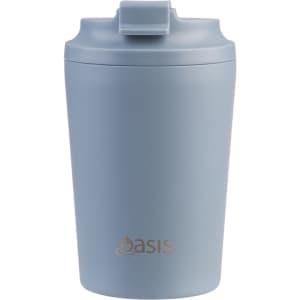 A ceramic-lined 235ml insulated coffee cup in light blue, featuring a logo on the front.