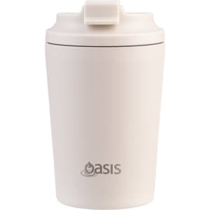 A ceramic-lined insulated coffee cup in soft cream colour, featuring a logo on the side and a secure lid.