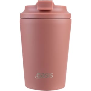 A ceramic-lined insulated coffee cup in a soft pink colour with a lid and a logo.