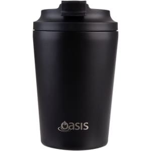 A drink bottle, black in colour, with a ceramic lining and a lid, featuring a logo on the front.