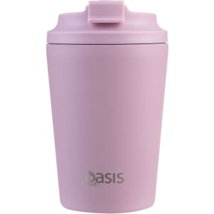 A pink insulated coffee cup with a ceramic lining and a lid, featuring a logo on the front.